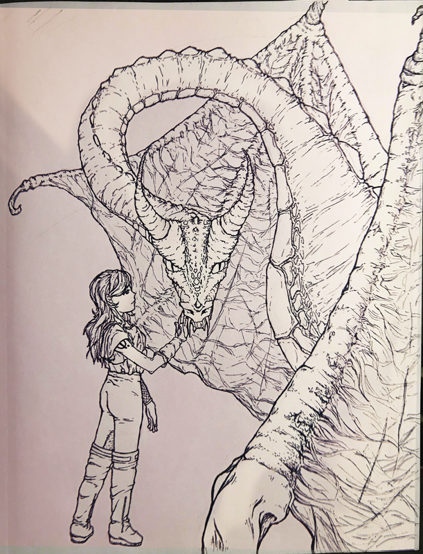 Ink lineart of a girl and a large dragon