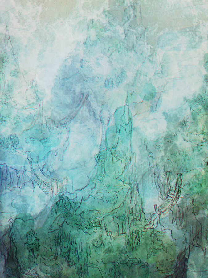 Art depicting floating misty green mountains