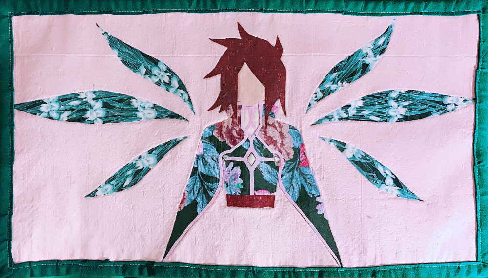 fabric collage with floral patterns resembling Kratos Aurion