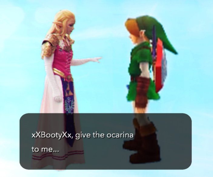 Zelda cosplay edited onto final goodbye scene from Ocarina of Time 3D. Text bubble reads 
