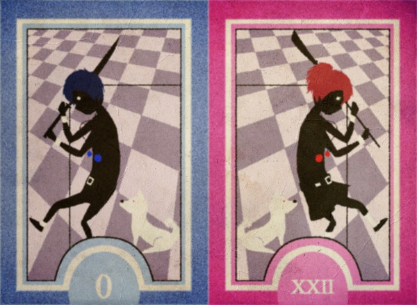 Edited digital art of the male and female protagonists in Persona 3 positioned as the Fool Tarot card from the Persona 3 deck.