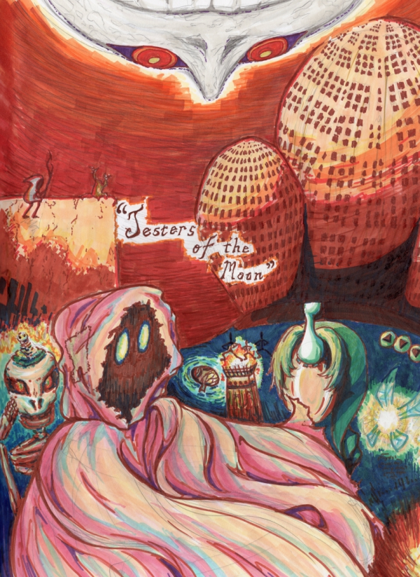 Marker art featuring imagery from Majora's Mask, including the Garo from Ikana and featuring a red sky with the moon falling. The words Jesters of the Moon are featured in the center.