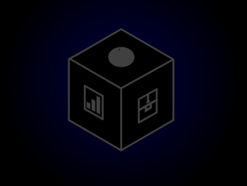 Placeholder title screen for Impossible Cave. A cube sits on a dark purple-blue background, each side with a different symbol on it like a die. The top has a circle, the left face a bar chart, and the right face a treasure chest.