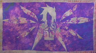 Edited photo of fabric collage depicting Kratos Aurion from Tales of Symphonia. The overlay has an appearance of steel.