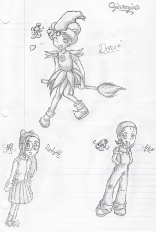 Pencil drawings of the 3 MC's of Ojamajo Doremi on lined binder paper