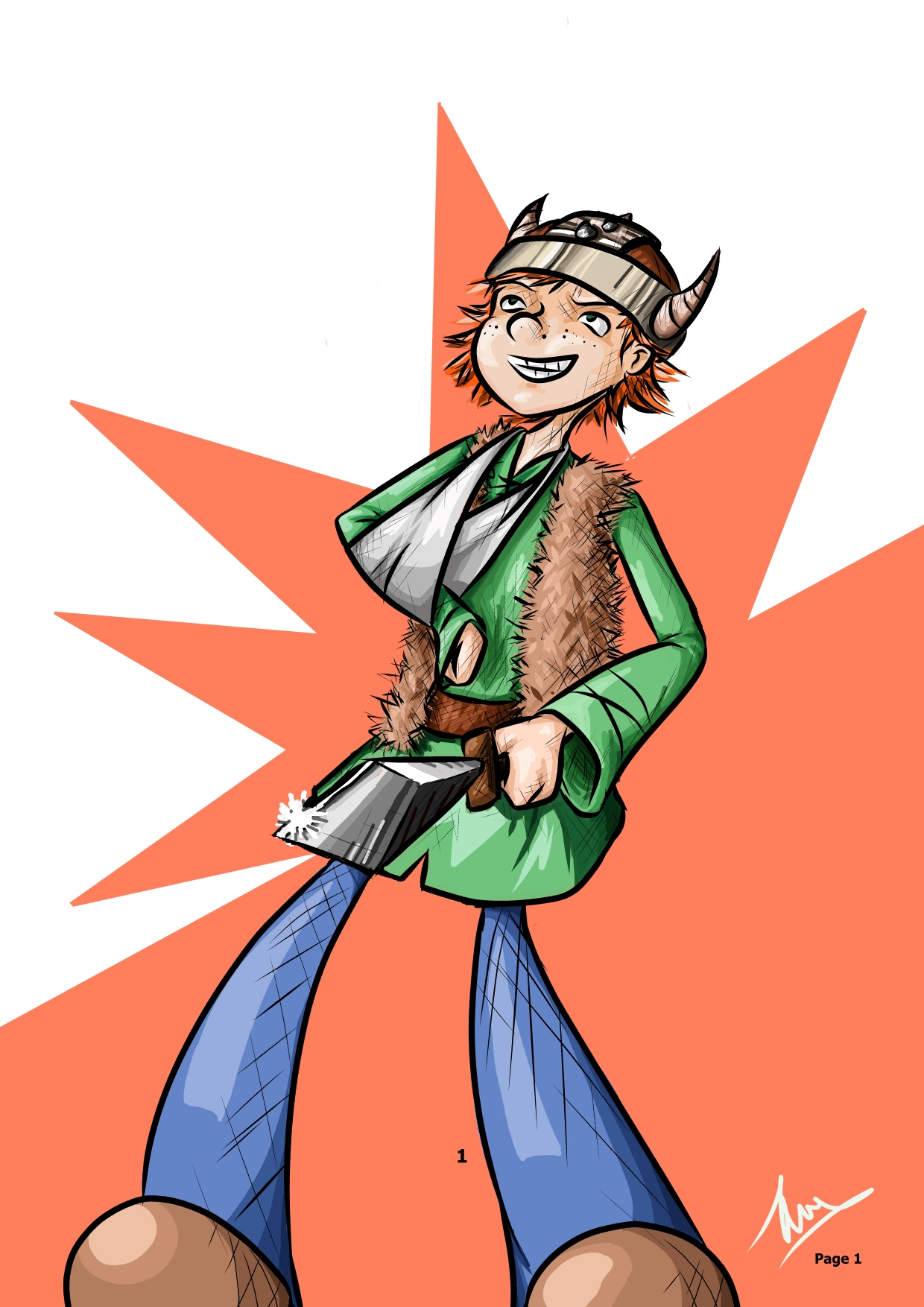 digital art of a boy with a Viking helmet wielding a sword in his left hand with his right arm in a sling
