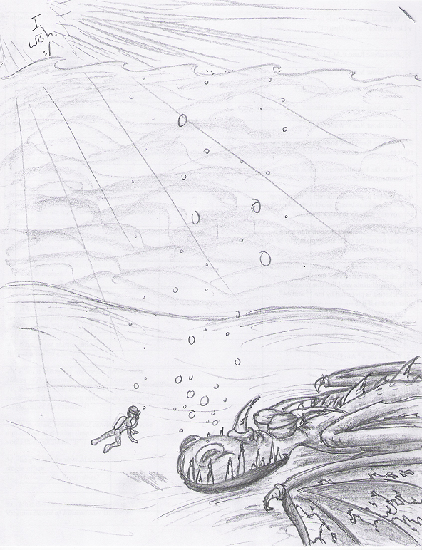 Pencil art on 3 ring binder paper of scuba diver at the bottom of the ocean meeting a sleeping dragon