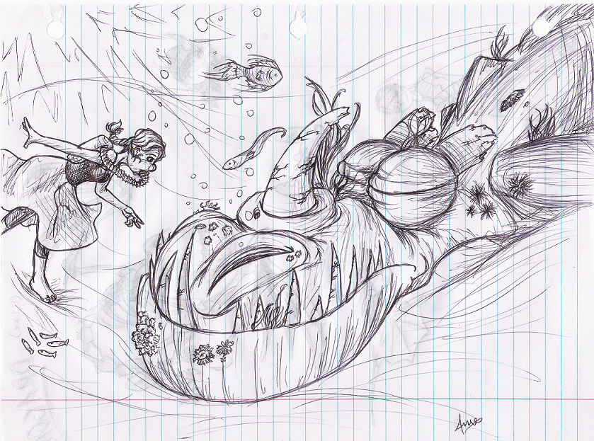 Pen drawing on lined binder paper of a girl swimming underwater and encountering a dragon